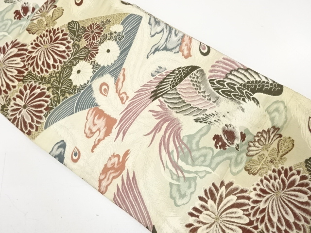 JAPANESE KIMONO / ANTIQUE FUKURO OBI / WOVEN PHOENIX & KIKU